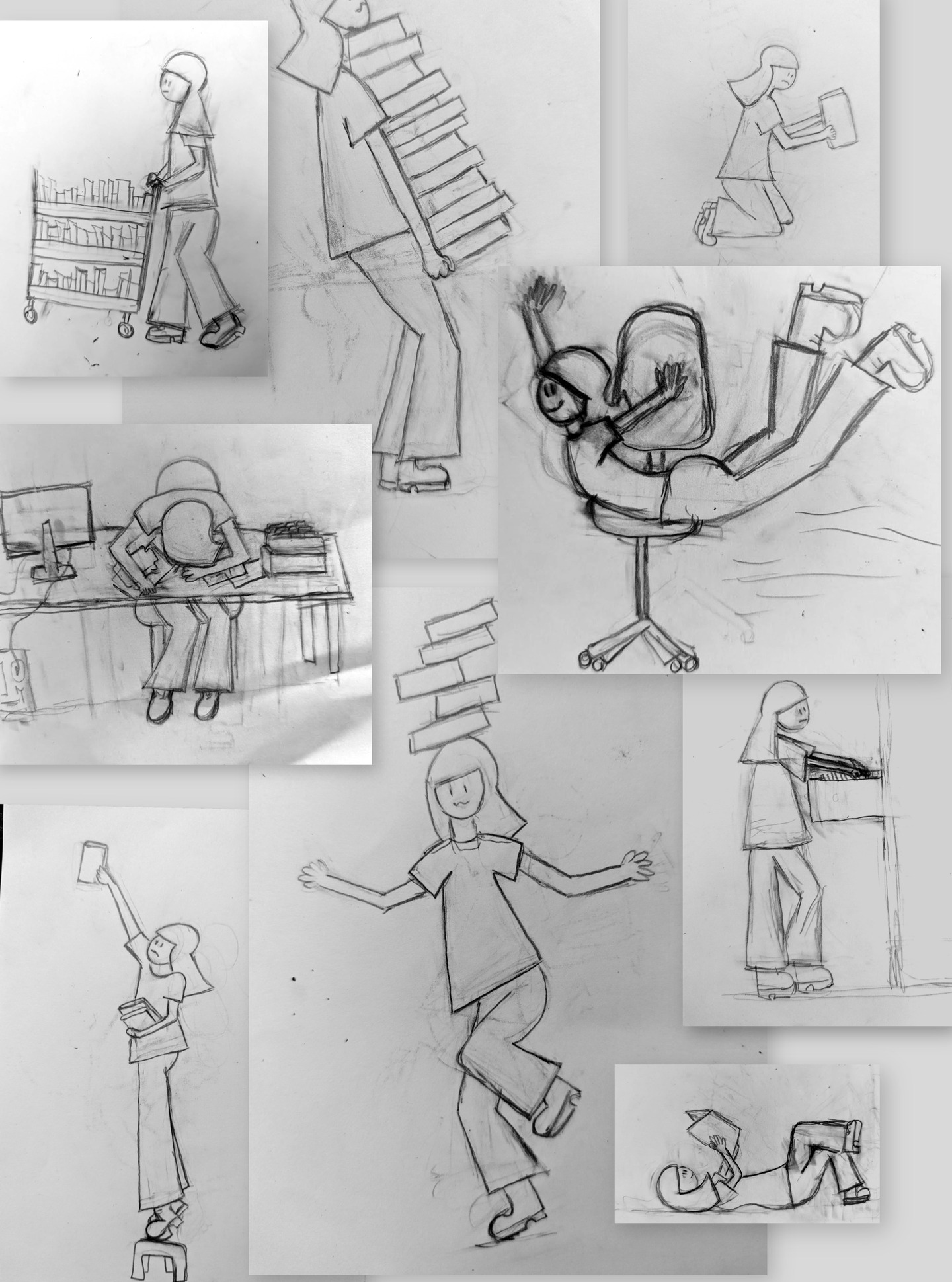 Original pencil sketches of the girl with books